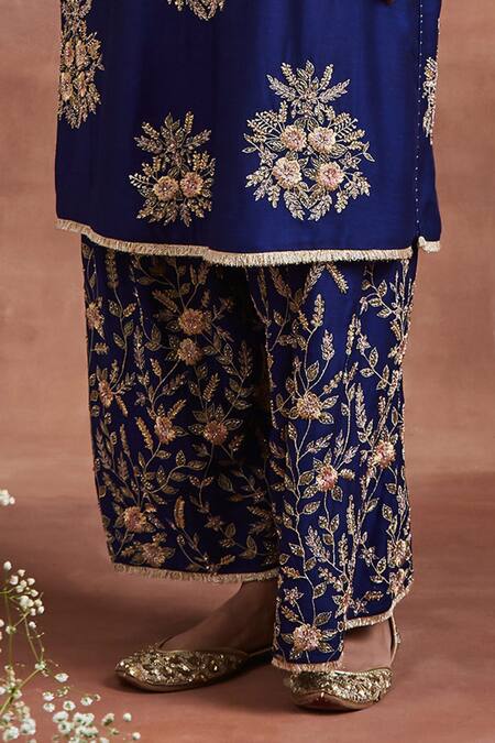 Shop Sue Mue Blue Handloom Cotton, Cotton, Silk Lace, Zari, Mishika Kurta Palazzo Set Online at Aza Fashions Shop_Sue Mue_Blue Handloom Cotton, Cotton, Silk Lace, Zari, Mishika Kurta Palazzo Set _Online_at_Aza_Fashions