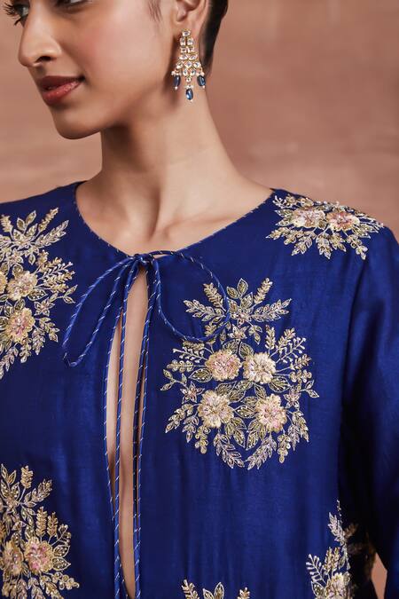 Sue Mue Blue Handloom Cotton, Cotton, Silk Lace, Zari, Mishika Kurta Palazzo Set at Aza Fashions Sue Mue_Blue Handloom Cotton, Cotton, Silk Lace, Zari, Mishika Kurta Palazzo Set _at_Aza_Fashions