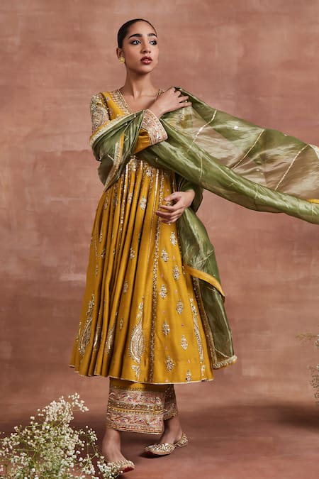 Sue Mue Yellow Moonga Silk And Roop Zari Anarkali Palazzo Set 