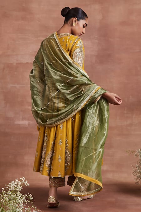 Shop Sue Mue Yellow Handloom Cotton Embroidery, Sequins Roop Zari Anarkali Palazzo Set at Aza Fashions Shop_Sue Mue_Yellow Handloom Cotton Embroidery, Sequins Roop Zari Anarkali Palazzo Set _at_Aza_Fashions