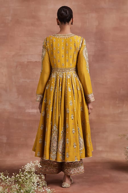 Sue Mue Yellow Handloom Cotton Embroidery, Sequins Roop Zari Anarkali Palazzo Set Online at Aza Fashions Sue Mue_Yellow Handloom Cotton Embroidery, Sequins Roop Zari Anarkali Palazzo Set _Online_at_Aza_Fashions