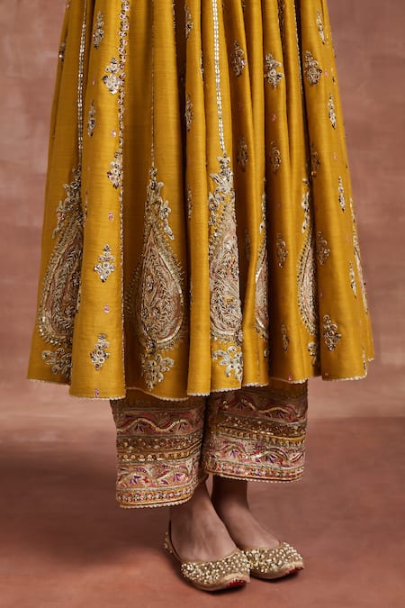 Sue Mue Yellow Handloom Cotton Embroidery, Sequins Roop Zari Anarkali Palazzo Set at Aza Fashions Sue Mue_Yellow Handloom Cotton Embroidery, Sequins Roop Zari Anarkali Palazzo Set _at_Aza_Fashions