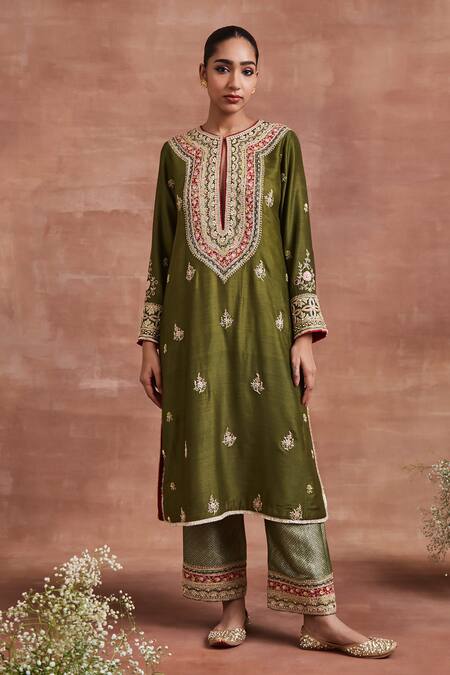 Buy Sue Mue Green Tussar, Silk Embroidery, Lace Keyhole Neck Charita Dori Kurta Pant Set Online at Aza Fashions Buy_Sue Mue_Green Tussar, Silk Embroidery, Lace Keyhole Neck Charita Dori Kurta Pant Set _Online_at_Aza_Fashions