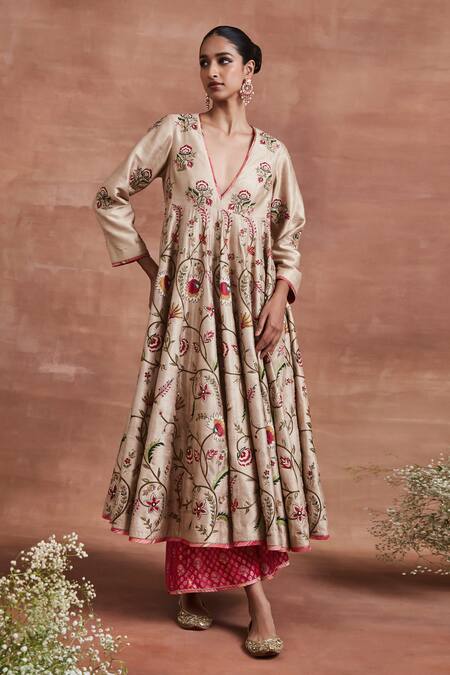 Sue Mue Beige Handloom , Pearls, Radha Aari Anarkali Palazzo Set at Aza Fashions Sue Mue_Beige Handloom , Pearls, Radha Aari Anarkali Palazzo Set _at_Aza_Fashions