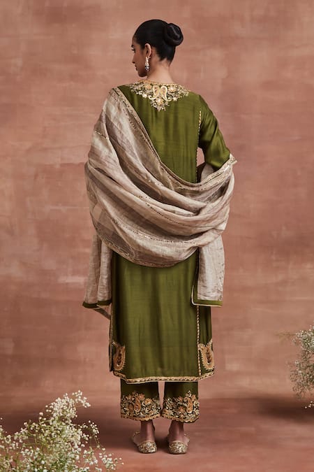 Shop Sue Mue Green Handloom Cotton, Silk, Linen Sequins, Veda Zardozi Kurta Palazzo Set at Aza Fashions Shop_Sue Mue_Green Handloom Cotton, Silk, Linen Sequins, Veda Zardozi Kurta Palazzo Set _at_Aza_Fashions