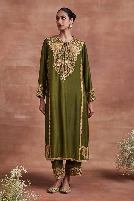 Shop Sue Mue Green Handloom Cotton, Silk, Linen Sequins, Veda Zardozi Kurta Palazzo Set Online at Aza Fashions Shop_Sue Mue_Green Handloom Cotton, Silk, Linen Sequins, Veda Zardozi Kurta Palazzo Set _Online_at_Aza_Fashions
