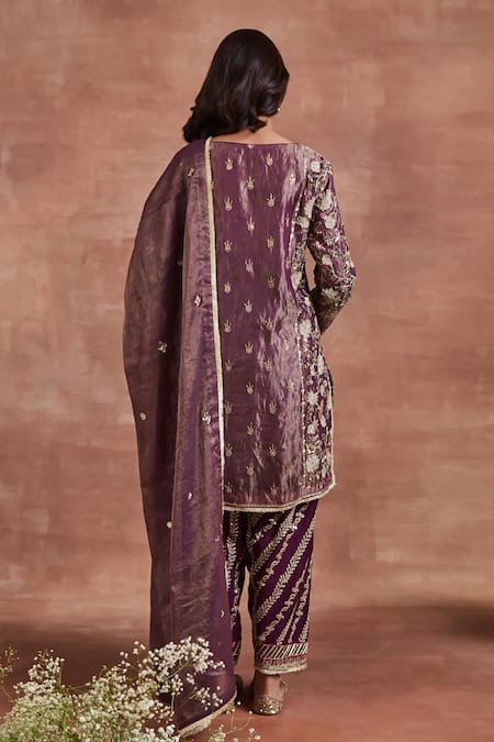 Shop_Sue Mue_Purple , Silk, Handloom Barhi Applique Kurta Salwar Set _at_Aza_Fashions
