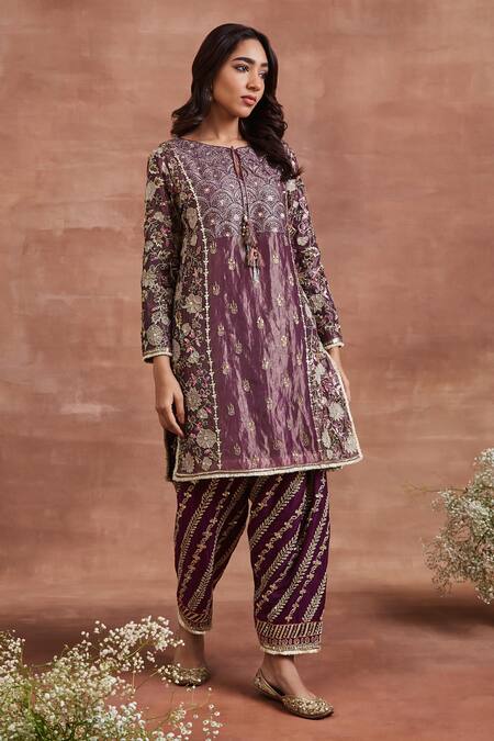 Sue Mue_Purple , Silk, Handloom Barhi Applique Kurta Salwar Set _Online_at_Aza_Fashions