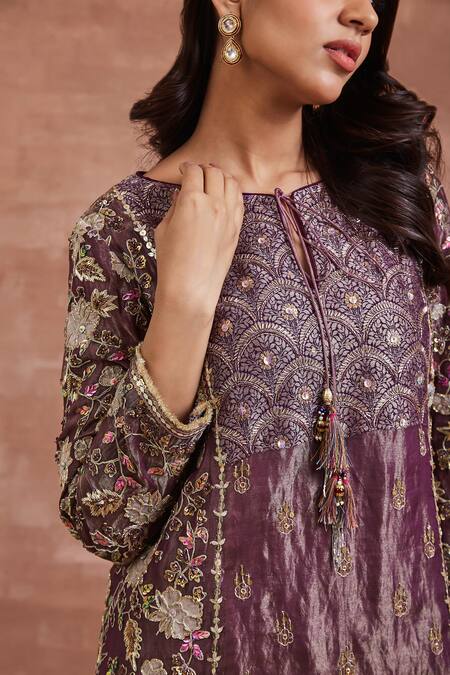 Shop_Sue Mue_Purple , Silk, Handloom Barhi Applique Kurta Salwar Set _Online_at_Aza_Fashions