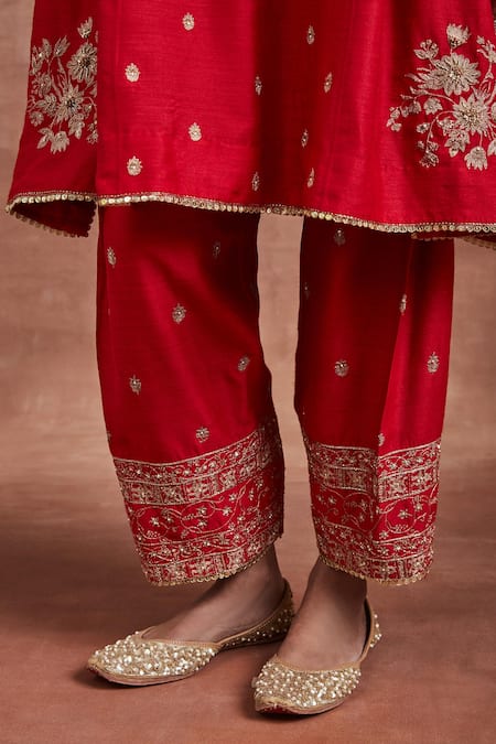Sue Mue_Red Cotton, Silk, Mohair Sequins, Embroidery, Lace Mitra Aari Kurta Salwar Set _Online_at_Aza_Fashions