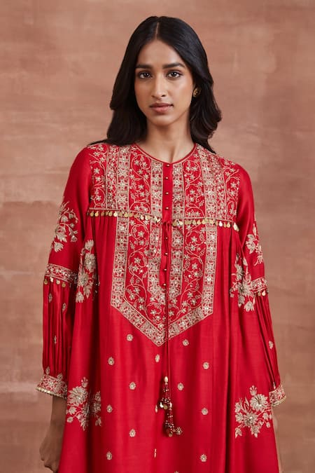 Shop_Sue Mue_Red Cotton, Silk, Mohair Sequins, Embroidery, Lace Mitra Aari Kurta Salwar Set _Online_at_Aza_Fashions