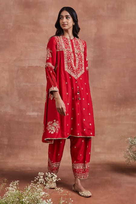 Sue Mue_Red Cotton, Silk, Mohair Sequins, Embroidery, Lace Mitra Aari Kurta Salwar Set _at_Aza_Fashions