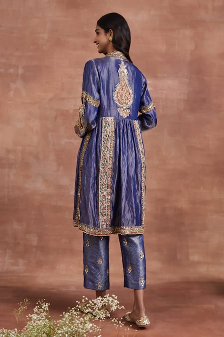Shop Sue Mue Blue Brocade, Silk Embroidery Mandarin Collar Neela Aari Kurta And Pant Set at Aza Fashions Shop_Sue Mue_Blue Brocade, Silk Embroidery Mandarin Collar Neela Aari Kurta And Pant Set _at_Aza_Fashions
