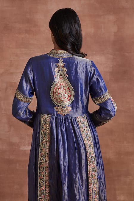 Sue Mue Blue Brocade, Silk Embroidery Mandarin Collar Neela Aari Kurta And Pant Set Online at Aza Fashions Sue Mue_Blue Brocade, Silk Embroidery Mandarin Collar Neela Aari Kurta And Pant Set _Online_at_Aza_Fashions