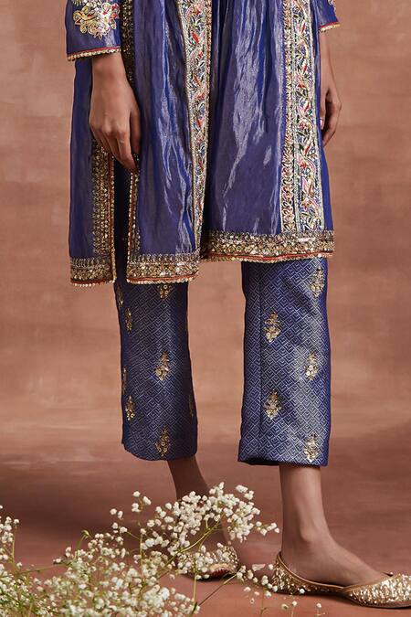 Buy Sue Mue Blue Brocade, Silk Embroidery Mandarin Collar Neela Aari Kurta And Pant Set Online at Aza Fashions Buy_Sue Mue_Blue Brocade, Silk Embroidery Mandarin Collar Neela Aari Kurta And Pant Set _Online_at_Aza_Fashions