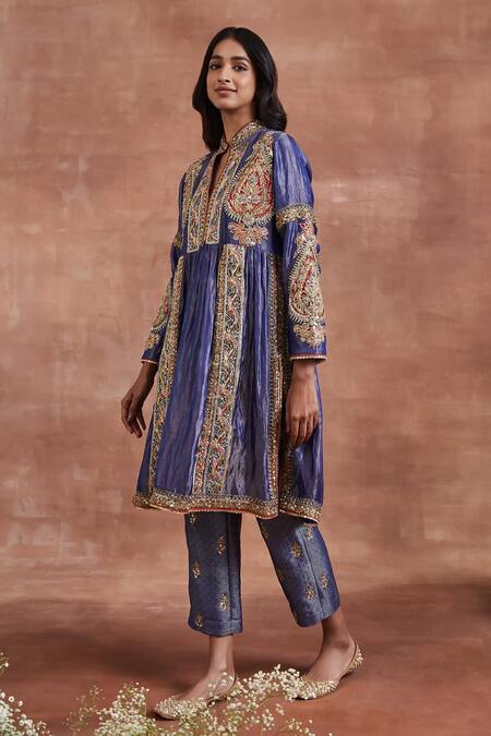 Shop Sue Mue Blue Brocade, Silk Embroidery Mandarin Collar Neela Aari Kurta And Pant Set Online at Aza Fashions Shop_Sue Mue_Blue Brocade, Silk Embroidery Mandarin Collar Neela Aari Kurta And Pant Set _Online_at_Aza_Fashions