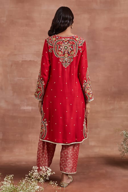 Shop_Sue Mue_Red Tissue, Brocade Lace, Sequins, Embroidery Palki Thread Kurta Salwar Set _at_Aza_Fashions