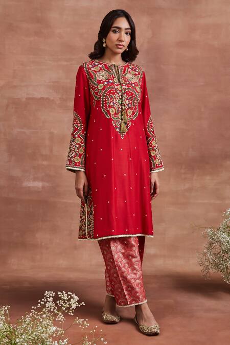 Buy_Sue Mue_Red Tissue, Brocade Lace, Sequins, Embroidery Palki Thread Kurta Salwar Set _Online_at_Aza_Fashions