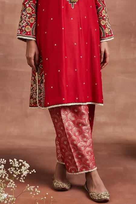Shop_Sue Mue_Red Tissue, Brocade Lace, Sequins, Embroidery Palki Thread Kurta Salwar Set _Online_at_Aza_Fashions