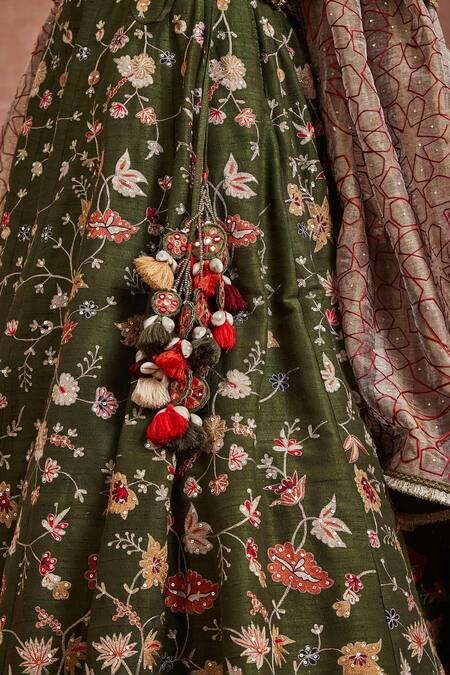 Sue Mue Green Handloom Cotton Mehdi Floral Jaal Thread Embroidered Bridal Lehenga Set Online at Aza Fashions Sue Mue_Green Handloom Cotton Mehdi Floral Jaal Thread Embroidered Bridal Lehenga Set _Online_at_Aza_Fashions