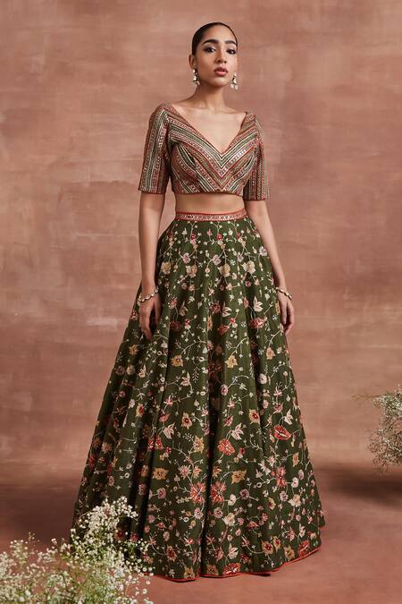 Shop Sue Mue Green Handloom Cotton Mehdi Floral Jaal Thread Embroidered Bridal Lehenga Set Online at Aza Fashions Shop_Sue Mue_Green Handloom Cotton Mehdi Floral Jaal Thread Embroidered Bridal Lehenga Set _Online_at_Aza_Fashions