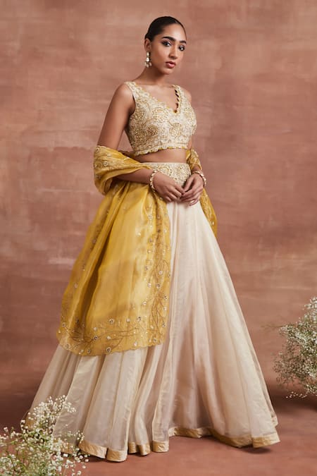 Sue Mue_Gold Silk, Handloom Cotton Embroidery, Beads, Sudhani Blouse Lehenga Set _at_Aza_Fashions
