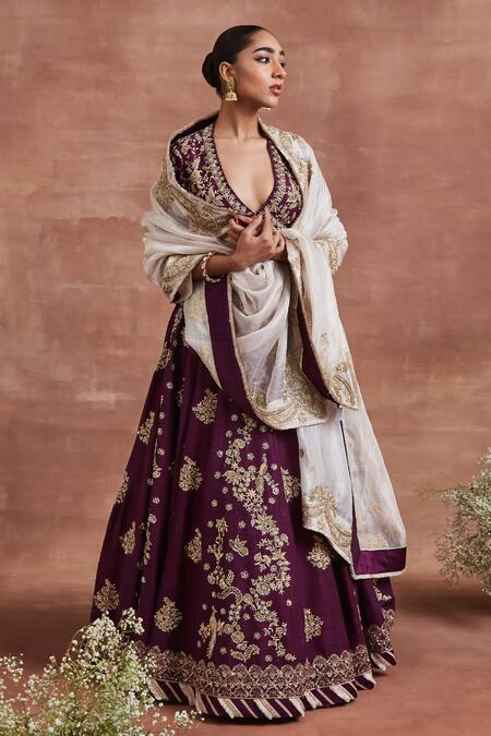 Sue Mue Purple Handloom Cotton, Semal Shikargah Zardozi Embroidered Bridal Lehenga Set Online at Aza Fashions Sue Mue_Purple Handloom Cotton, Semal Shikargah Zardozi Embroidered Bridal Lehenga Set _Online_at_Aza_Fashions