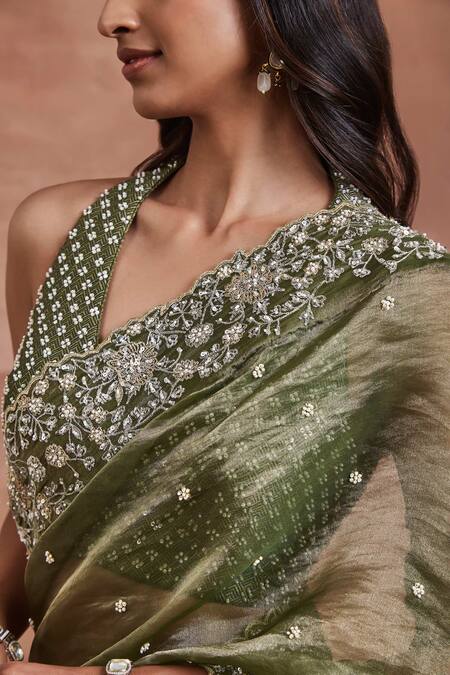 Sue Mue Green Silk Mirrors Plunge Neck Tisha Zari Embroidered Saree And Blouse Set Online at Aza Fashions Sue Mue_Green Silk Mirrors Plunge Neck Tisha Zari Embroidered Saree And Blouse Set _Online_at_Aza_Fashions