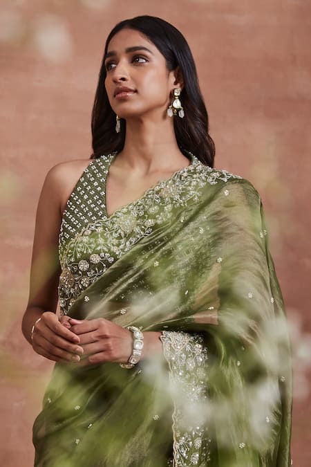 Buy Sue Mue Green Silk Mirrors Plunge Neck Tisha Zari Embroidered Saree And Blouse Set Online at Aza Fashions Buy_Sue Mue_Green Silk Mirrors Plunge Neck Tisha Zari Embroidered Saree And Blouse Set _Online_at_Aza_Fashions