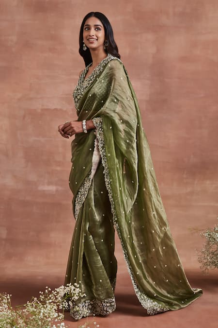 Sue Mue Green Silk Mirrors Plunge Neck Tisha Zari Embroidered Saree And Blouse Set at Aza Fashions Sue Mue_Green Silk Mirrors Plunge Neck Tisha Zari Embroidered Saree And Blouse Set _at_Aza_Fashions