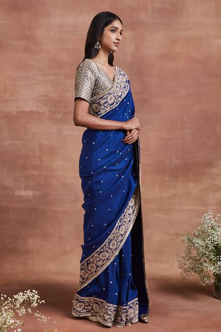 Sue Mue_Blue Silk, Brocade Sequins, Metallic Saanvi Dori Embroidered Saree And Blouse Set _Online_at_Aza_Fashions
