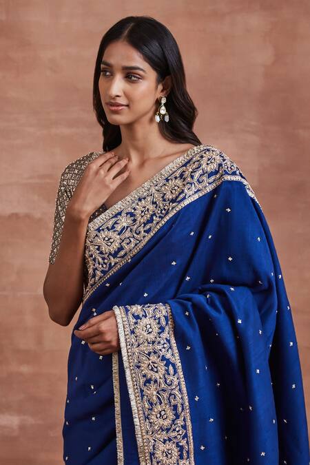 Buy_Sue Mue_Blue Silk, Brocade Sequins, Metallic Saanvi Dori Embroidered Saree And Blouse Set _Online_at_Aza_Fashions