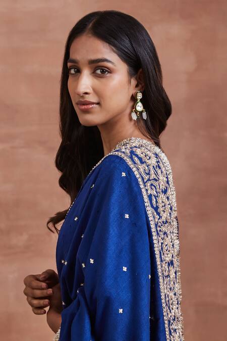 Sue Mue_Blue Silk, Brocade Sequins, Metallic Saanvi Dori Embroidered Saree And Blouse Set _at_Aza_Fashions