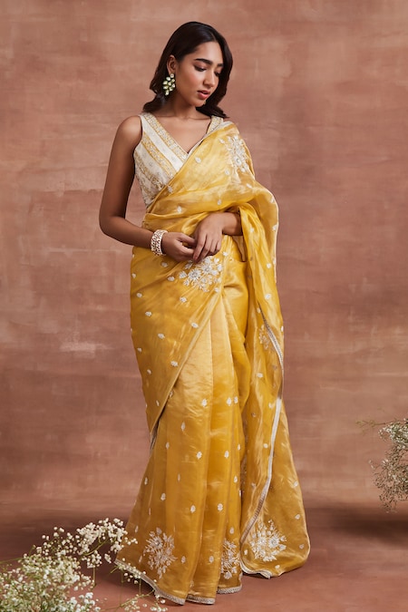 Sue Mue Yellow Tissue Silk And Yahvi Aari Saree & Blouse Set 