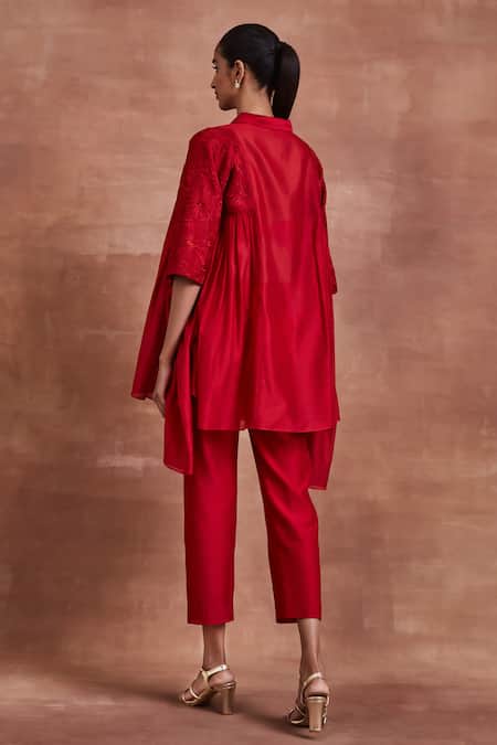 Shop_Sue Mue_Red Chanderi Silk Embroidery Collared Iksha Panelled Shirt And Pant Set _at_Aza_Fashions