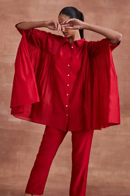 Buy_Sue Mue_Red Chanderi Silk Embroidery Collared Iksha Panelled Shirt And Pant Set _Online_at_Aza_Fashions
