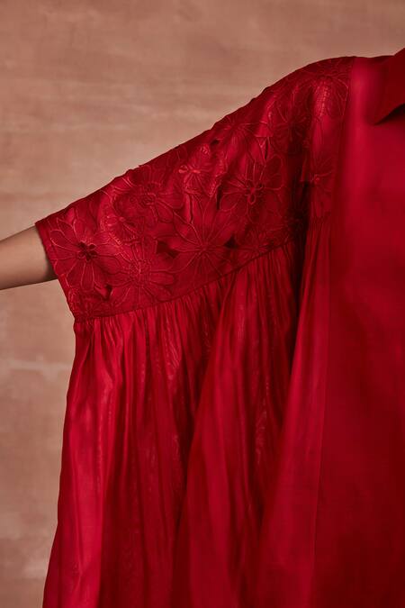 Shop_Sue Mue_Red Chanderi Silk Embroidery Collared Iksha Panelled Shirt And Pant Set _Online_at_Aza_Fashions