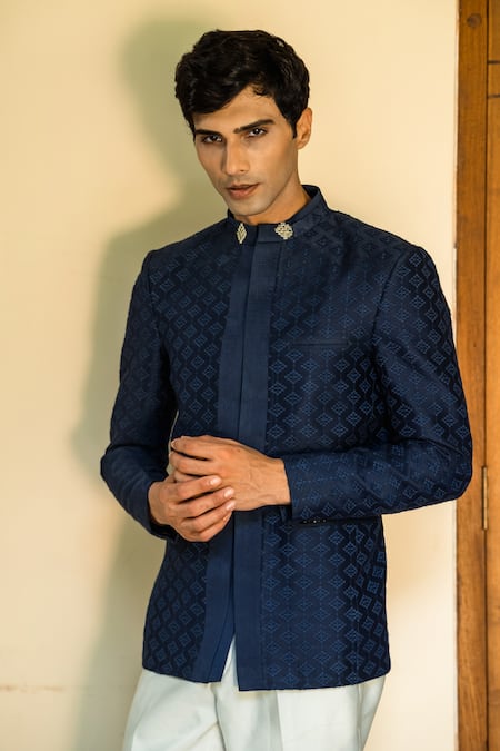 Shop_Tajiri_Blue Linen Self Embossed Geometric Amadeus Bandhgala Set _Online_at_Aza_Fashions