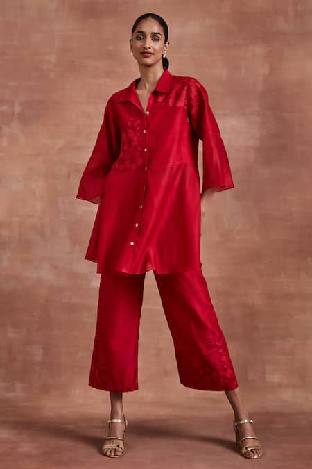 Shop Sue Mue Red Chanderi Silk Embroidery Collared Adhara Shirt And Pant Set Shop_Sue Mue_Red Chanderi Silk Embroidery Collared Adhara Shirt And Pant Set