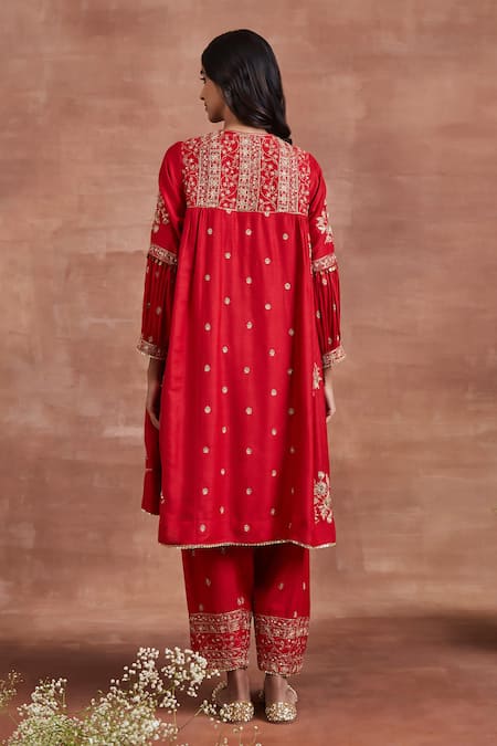 Shop_Sue Mue_Red Cotton, Silk, Mohair Sequins, Embroidery, Lace Mitra Aari Kurta Salwar Set _at_Aza_Fashions