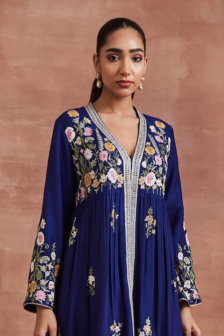 Buy Sue Mue Blue Silk, Handloom Cotton, Mohair, Hiral Floral Anarkali Set Buy_Sue Mue_Blue Silk, Handloom Cotton, Mohair, Hiral Floral Anarkali Set
