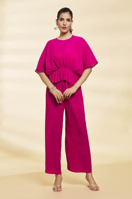 Samyukta Singhania Pink Chinon Plain Round Neck Jasmine Pleated Solid Top With Pant 