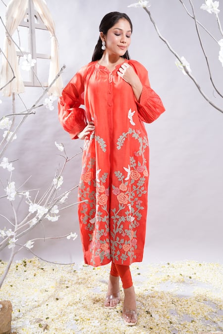 Buy Orange Kurta- Chanderi (70% Cotton And Marjan Applique & Leggings Set  For Women by The White Tree Studio Online at Aza Fashions.