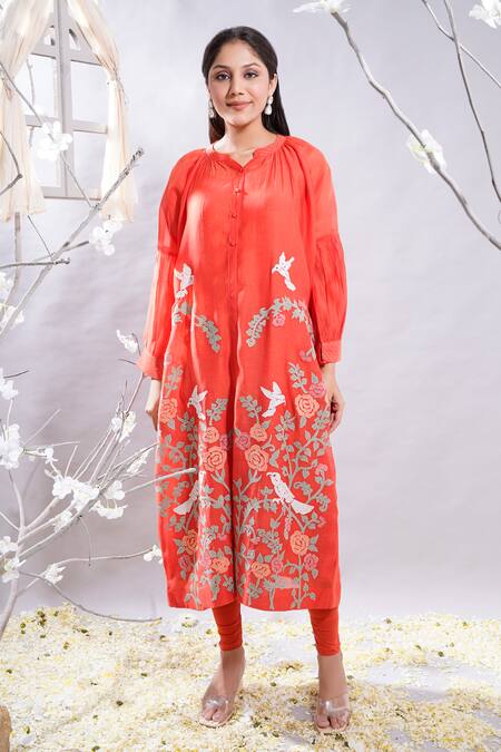 The White Tree Studio_Orange Kurta- Chanderi (70% Cotton And 30% Silk) Marjan Applique & Leggings Set _Online_at_Aza_Fashions