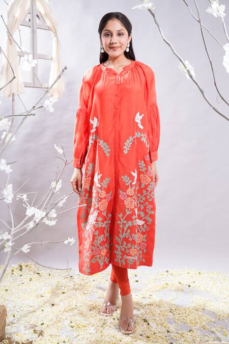Buy_The White Tree Studio_Orange Kurta- Chanderi (70% Cotton And 30% Silk) Marjan Applique & Leggings Set _Online_at_Aza_Fashions