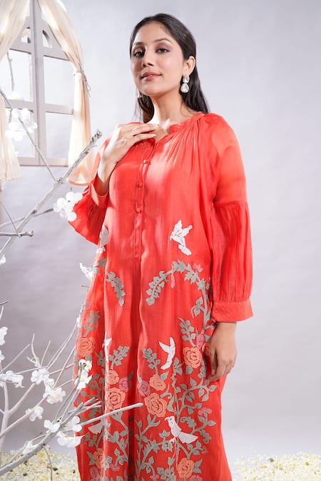 Shop_The White Tree Studio_Orange Kurta- Chanderi (70% Cotton And 30% Silk) Marjan Applique & Leggings Set _Online_at_Aza_Fashions
