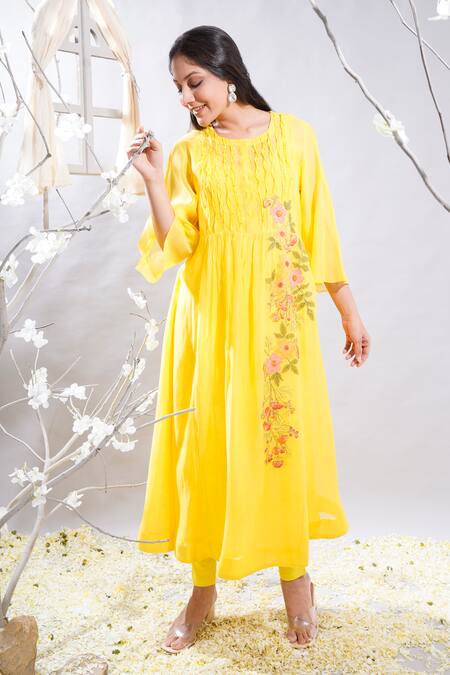 Buy_The White Tree Studio_Orange Chanderi, , Satin, Lycra Zoya Floral Kurta And Leggings Set _Online_at_Aza_Fashions