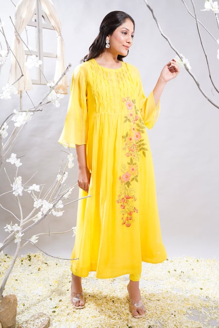 Shop_The White Tree Studio_Orange Chanderi, , Satin, Lycra Zoya Floral Kurta And Leggings Set _Online_at_Aza_Fashions