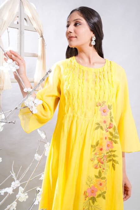 The White Tree Studio_Orange Chanderi, , Satin, Lycra Zoya Floral Kurta And Leggings Set _at_Aza_Fashions