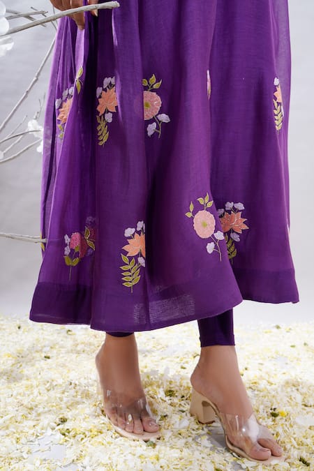 Shop_The White Tree Studio_Purple Chanderi, , Satin, Mehrang Floral Kurta And Leggings Set _Online_at_Aza_Fashions